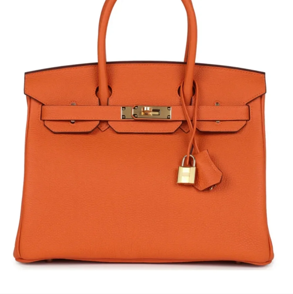 Structured Orange Leather Top-Handle Satchel with Gold-Tone Hardware